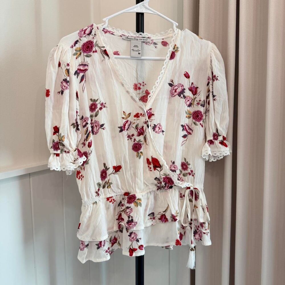 Floral Wrap Blouse Lace Ruffle Boho Cottagecore